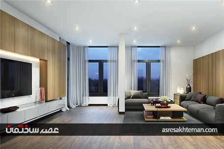 طراحی داخلی آپارتمان با استفاده از چوب و رنگ خاکستری