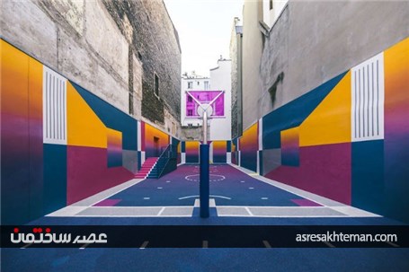 زمین بسکتبالی زیبا و متفاوت در شهر پاریس که با استفاده از رنگ های روشن نئونی ساخته شده است